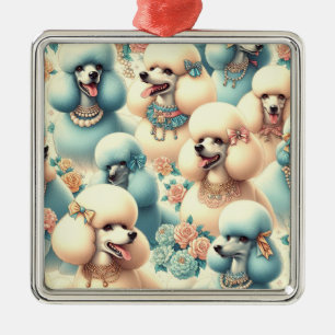 Vintage Seamless Poodle Illustration Metal Ornament