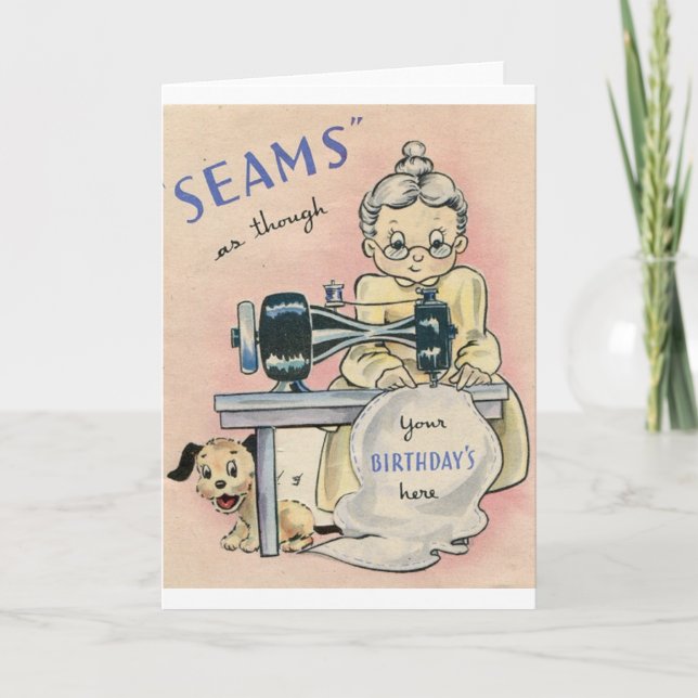 Vintage Seamstress And Puppy Birthday Card (Front)