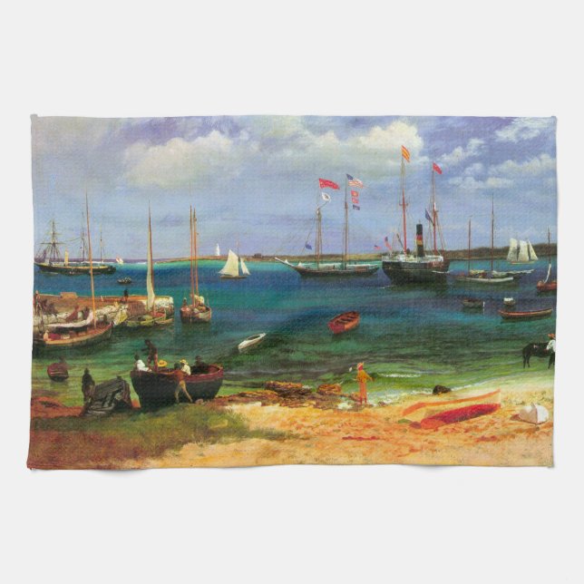 Vintage Seascape, Nassau Harbour by Bierstadt Kitchen Towel (Horizontal)