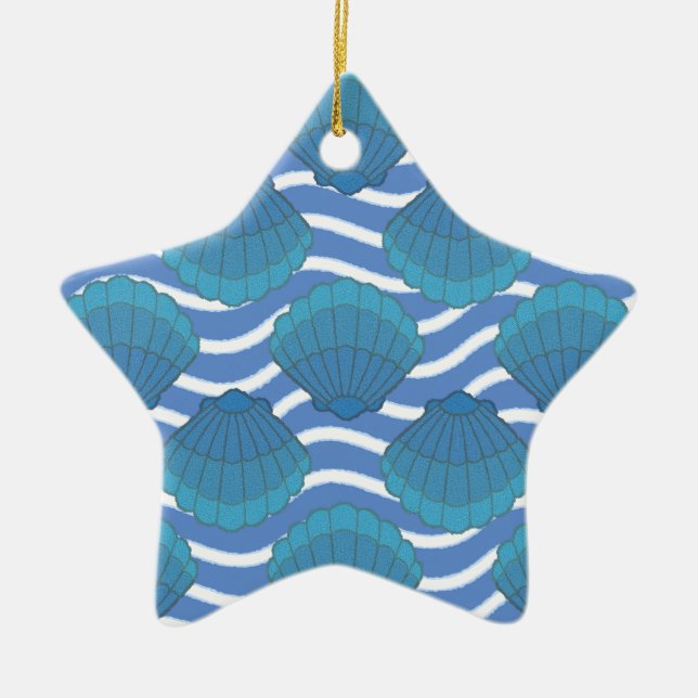 Vintage Seashell And Waves Pattern Ceramic Ornament (Front)