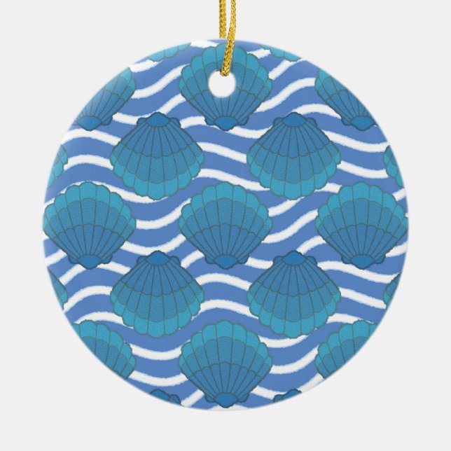 Vintage Seashell And Waves Pattern Ceramic Ornament (Front)