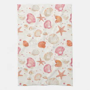 Vintage Seashell Coral Pink Terracotta Ivory Kitchen Towel