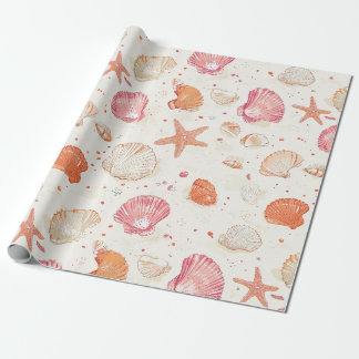 Vintage Seashell Coral Pink Terracotta Ivory Wrapping Paper