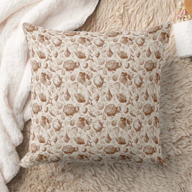 Vintage Seashell Toile Coastal Pattern (2) Throw Pillow (Blanket)