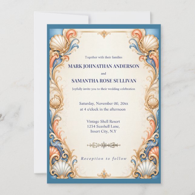 Vintage Seashell Wedding Luxury Beach  Invitation (Front)