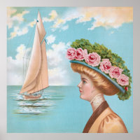 Vintage Seaside Lady Pink Rose Hat Sailboat Art