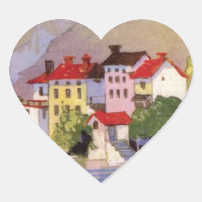 Vintage Seaside Village Italy Tourism Heart Sticker (Front)