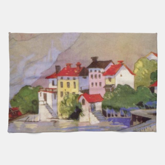 Vintage Seaside Village Italy Tourism Kitchen Towel (Horizontal)