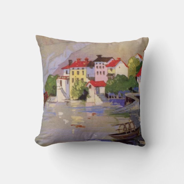 Vintage Seaside Village Italy Tourism Throw Pillow (Front)