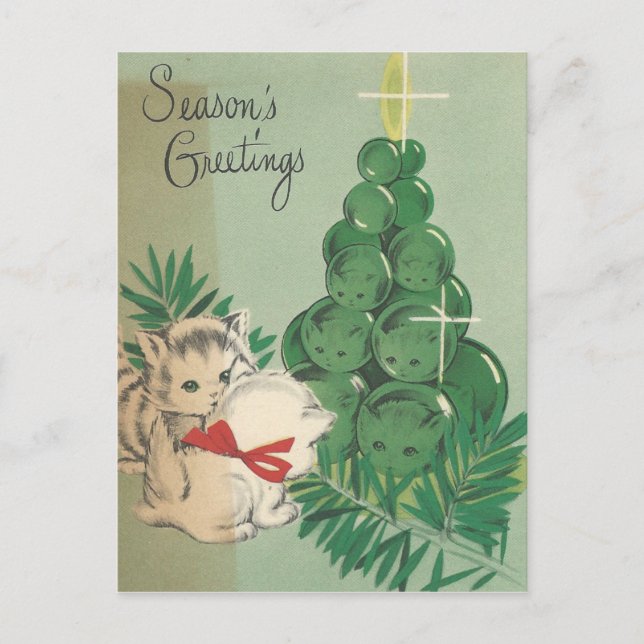 Vintage Season's Greetings Kittens Holiday Postcard (Front)