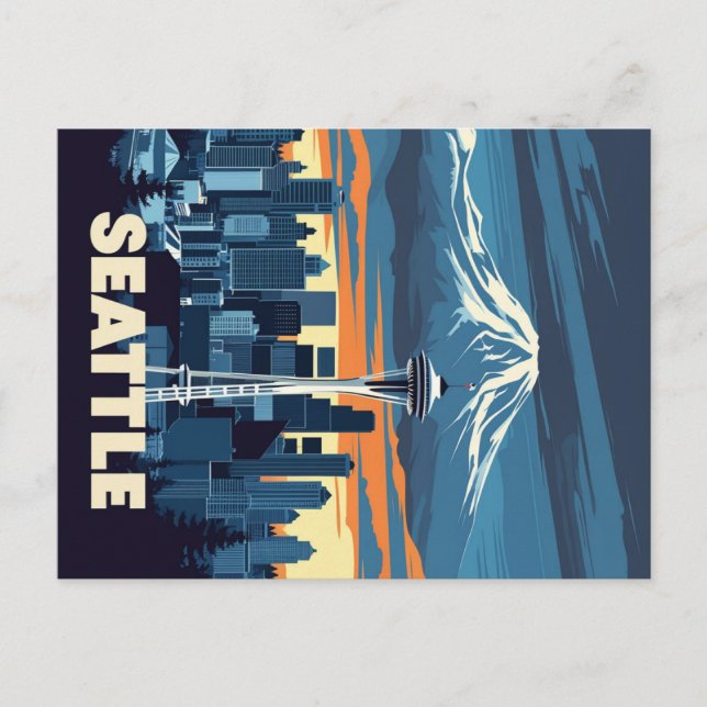 Vintage Seattle Skyline and Mount Rainier Postcard (Front)