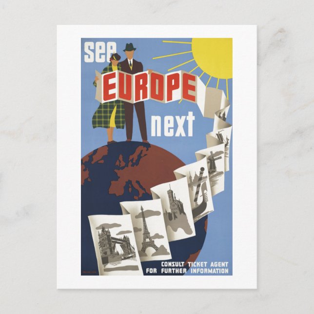 Vintage See Europe Next Travel Postcard (Front)