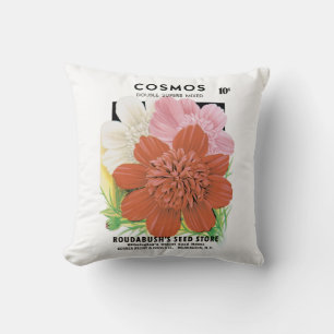 Vintage Seed Packet Art, Cosmos Garden Flowers Throw Pillow