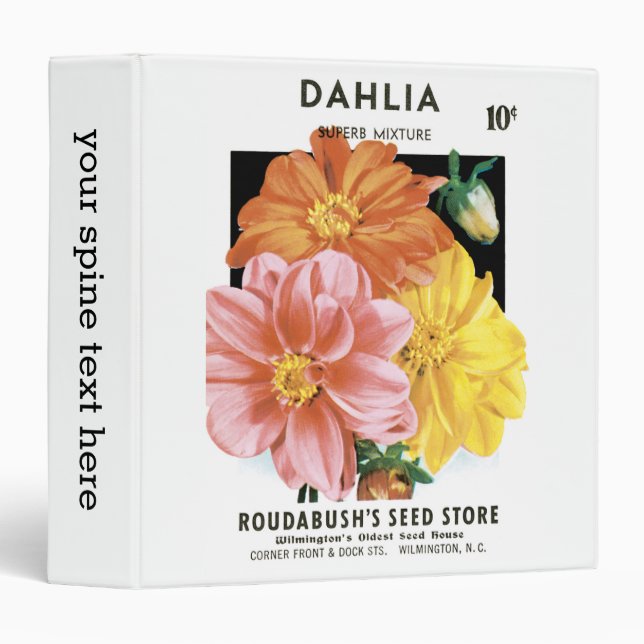 Vintage Seed Packet Art, Dahlia Garden Flowers Binder (Front/Spine)