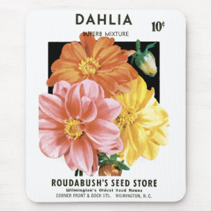Vintage Seed Packet Art, Dahlia Garden Flowers Mouse Pad