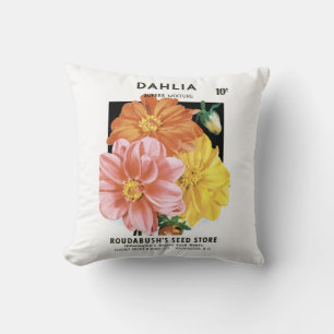 Vintage Seed Packet Art, Dahlia Garden Flowers Throw Pillow