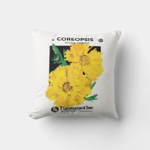 Vintage Seed Packet Art, Yellow Coreopsis Flowers Throw Pillow
