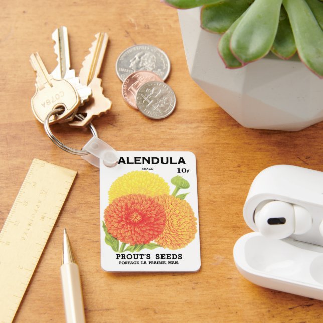 Vintage Seed Packet Label Art, Calendula Flowers Keychain (Desk)