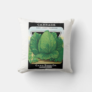 Vintage Seed Packet Label Art, Green Cabbage Throw Pillow