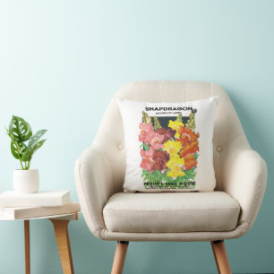 Vintage Seed Packet Label Art, Snapdragon Flowers Throw Pillow