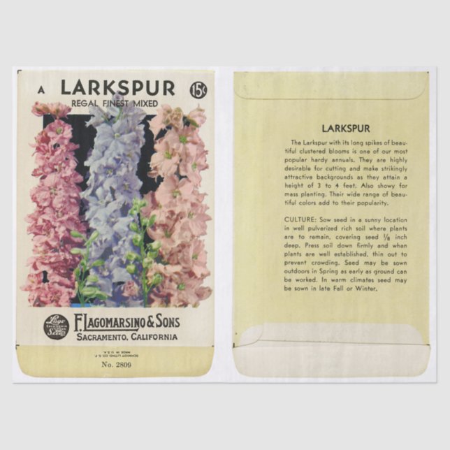Vintage Seed Packet Larkspur and Instructions Tissue Paper (Front)