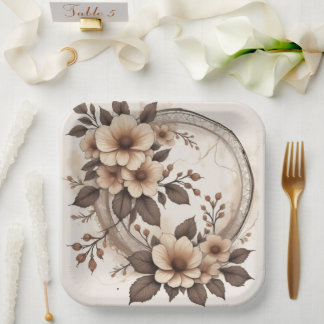 Vintage Sepia Botanical Floral Square Wedding Paper Plate
