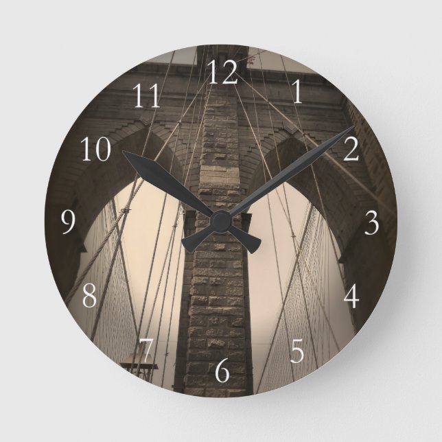 Vintage Sepia Brooklyn Bridge Round Clock (Front)