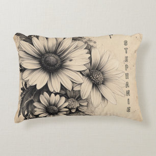 Vintage Sepia Daisy Butterfly Botanical Accent Pillow