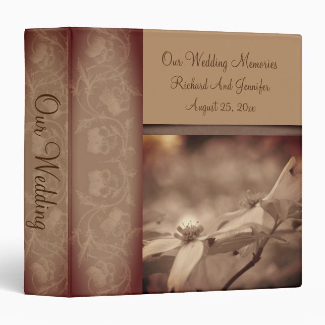 Vintage Sepia Dogwood Flower Personalized Wedding  Binder (Front/Spine)