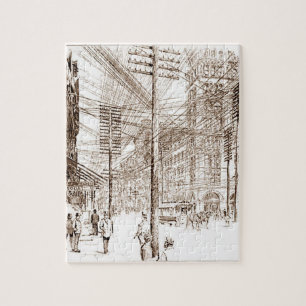 Vintage Sepia Etching Utility Lines Jigsaw Puzzle
