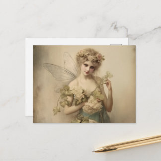 Vintage Sepia Fairy & Flowers Postcard