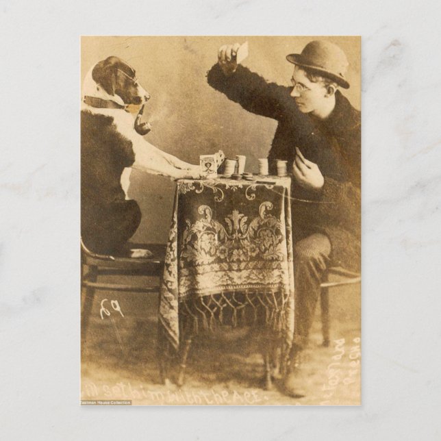 Vintage Sepia Man Playing Cards Dog Smoking Pipe (Front)