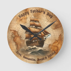 Vintage Sepia Nautical Map and Sailing Ship Round Clock