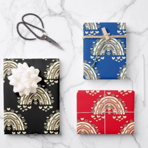 Vintage Sepia Rainbow Dog Paw And Hearts Wrapping Paper Sheet