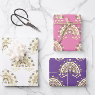 Vintage Sepia Rainbow Dog Paw And Hearts Wrapping  Paper Sheet