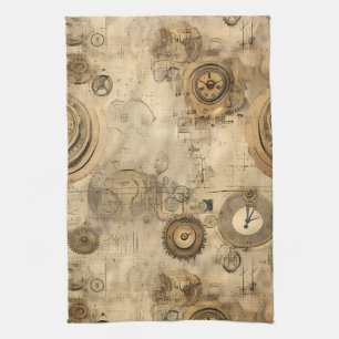 Vintage Sepia Steampunk Clocks and Mechanical Gear Kitchen Towel