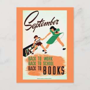 Vintage september back to work, school, books WPA Postcard