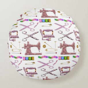Vintage Sewing Accessories for Seamstress Tailor Round Pillow