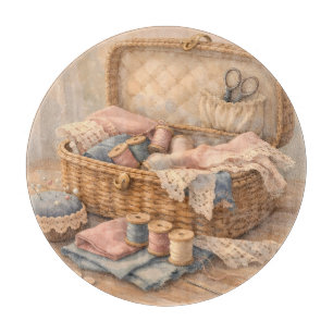 Vintage Sewing Basket Cottagecore Pastel Cutting Board