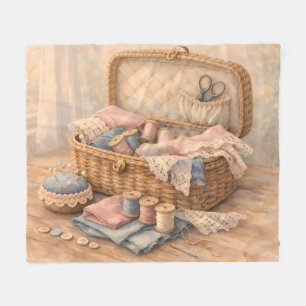 Vintage Sewing Basket Cottagecore Pastel Fleece Blanket