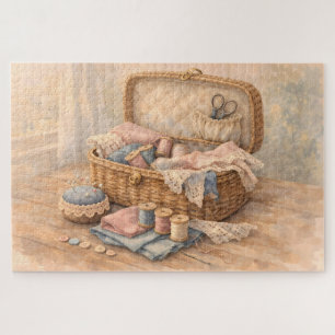 Vintage Sewing Basket Cottagecore Pastel Jigsaw Puzzle