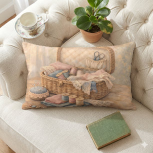 Vintage Sewing Basket Cottagecore Pastel Lumbar Pillow