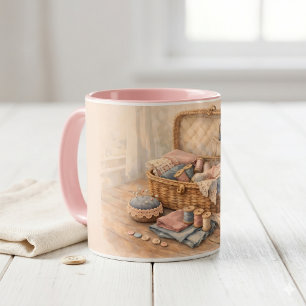 Vintage Sewing Basket Cottagecore Pastel Mug