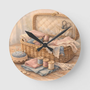 Vintage Sewing Basket Cottagecore Pastel Round Clock