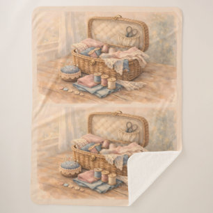 Vintage Sewing Basket Cottagecore Pastel Sherpa Blanket