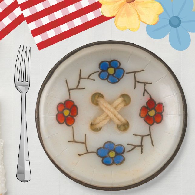 Vintage Sewing Button Round Paper Plate (Add fun and whimsy to your party or event with these cute vintage sewing button paper plates!)