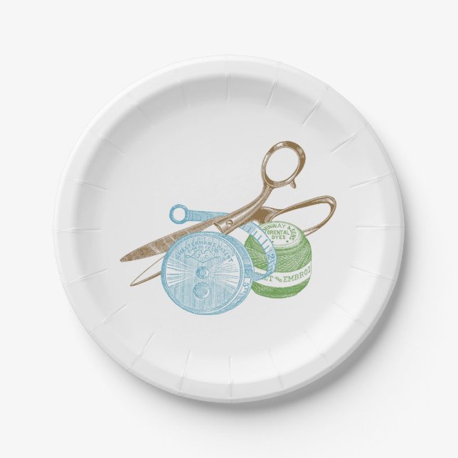 Vintage Sewing Kit Illustration Paper Party Plates (Front)