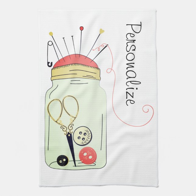 Vintage sewing kit kitchen towel (Vertical)