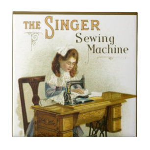 Vintage Sewing Machine Ad w/ Girl Tile