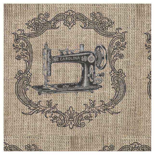 Vintage Sewing Machine Burlap Fabric (Close Up)
